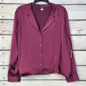 Old Navy Women's 2X LS Resort Coll Cherry Bark Satin Button Down Blouse Top Burg